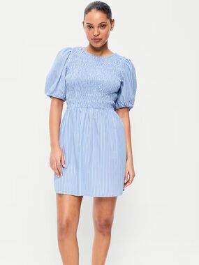 Smocked Puff-Sleeve Flare Mini Dress - Light Blue, Old Navy [Size Large]